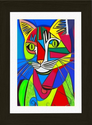 Cat Animal Picture Framed Colourful Abstract Art (25cm x 20cm Black Frame)