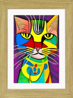 Cat Animal Picture Framed Colourful Abstract Art (25cm x 20cm Light Oak Frame)