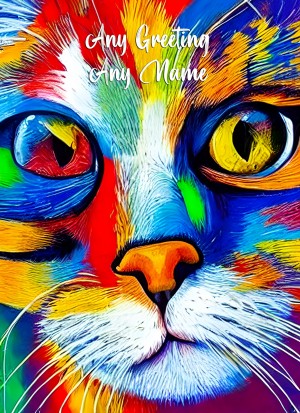 Personalised Cat Animal Colourful Abstract Art Blank Greeting Card (Birthday, Fathers Day, Any Occasion)