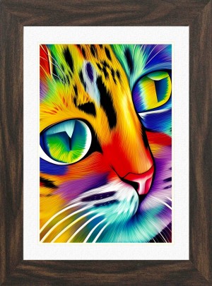 Cat Animal Picture Framed Colourful Abstract Art (A4 Walnut Frame)