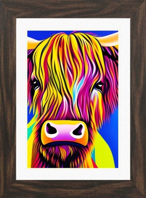 Cow Animal Picture Framed Colourful Abstract Art (25cm x 20cm Walnut Frame)