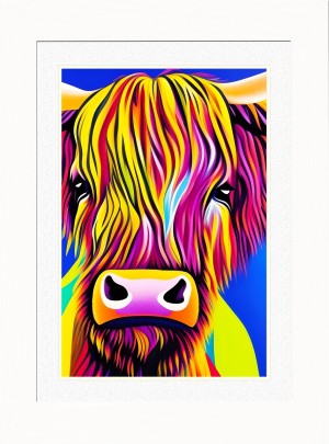 Cow Animal Picture Framed Colourful Abstract Art (25cm x 20cm White Frame)