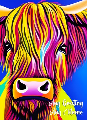 Personalised Cow Animal Colourful Abstract Art Blank Greeting Card (Birthday, Fathers Day, Any Occasion)