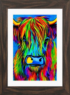 Highland Cow Animal Picture Framed Colourful Abstract Art (30cm x 25cm Walnut Frame)