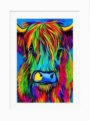 Highland Cow Animal Picture Framed Colourful Abstract Art (A4 White Frame)