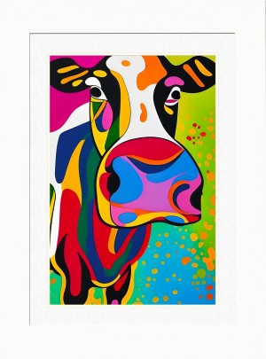 Cow Animal Picture Framed Colourful Abstract Art (A4 White Frame)