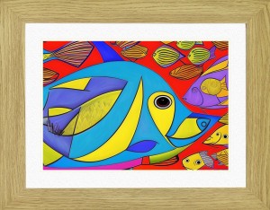 Fish Animal Picture Framed Colourful Abstract Art (A4 Light Oak Frame)