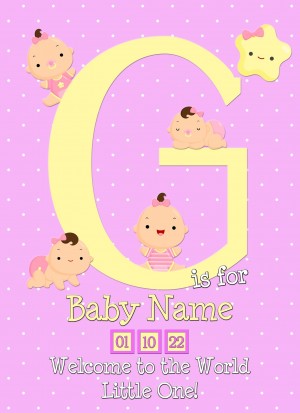 Personalised Baby Girl Birth Greeting Card (Name Starting With 'G')