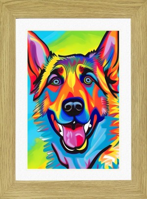 German Shepherd Dog Picture Framed Colourful Abstract Art (A3 Light Oak Frame)