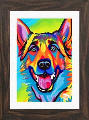 German Shepherd Dog Picture Framed Colourful Abstract Art (A3 Walnut Frame)