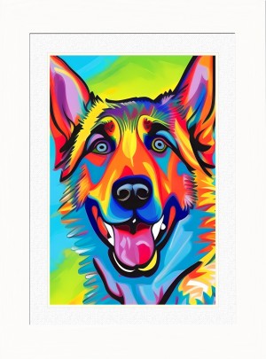 German Shepherd Dog Picture Framed Colourful Abstract Art (A4 White Frame)