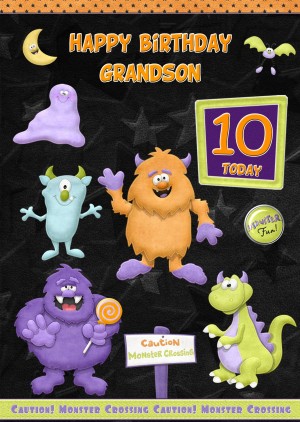 Kids 10th Birthday Funny Monster Cartoon Card for Grandson