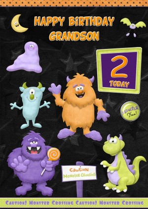 Kids 2nd Birthday Funny Monster Cartoon Card for Grandson