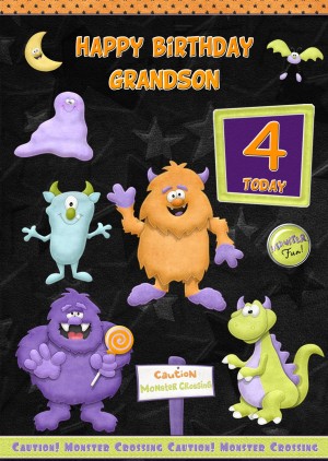 Kids 4th Birthday Funny Monster Cartoon Card for Grandson