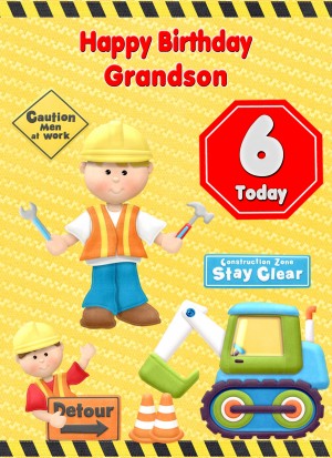Kids 6th Birthday Builder Cartoon Card for Grandson