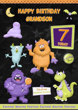 Kids 7th Birthday Funny Monster Cartoon Card for Grandson