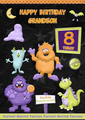 Kids 8th Birthday Funny Monster Cartoon Card for Grandson