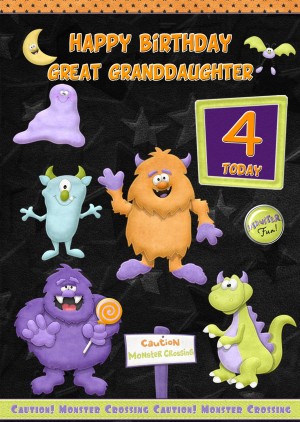 Kids 4th Birthday Funny Monster Cartoon Card for Great Granddaughter