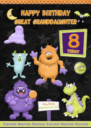 Kids 8th Birthday Funny Monster Cartoon Card for Great Granddaughter