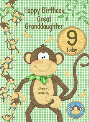 Kids 9th Birthday Cheeky Monkey Cartoon Card for Great Granddaughter