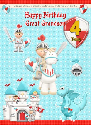 Kids 4th Birthday Hero Knight Cartoon Card for Great Grandson