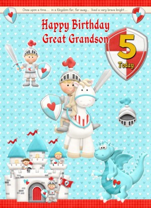 Kids 5th Birthday Hero Knight Cartoon Card for Great Grandson