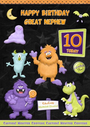 Kids 10th Birthday Funny Monster Cartoon Card for Great Nephew