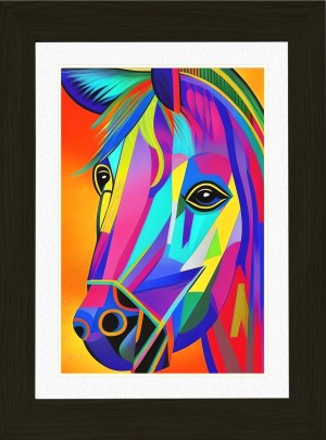 Horse Animal Picture Framed Colourful Abstract Art (30cm x 25cm Black Frame)