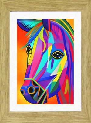 Horse Animal Picture Framed Colourful Abstract Art (25cm x 20cm Light Oak Frame)