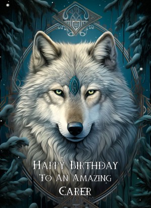 Tribal Wolf Art Birthday Card For Carer (Design 4)