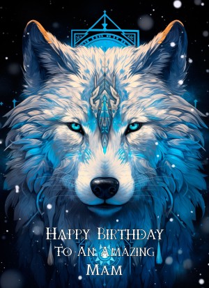 Tribal Wolf Art Birthday Card For Mam (Design 2)