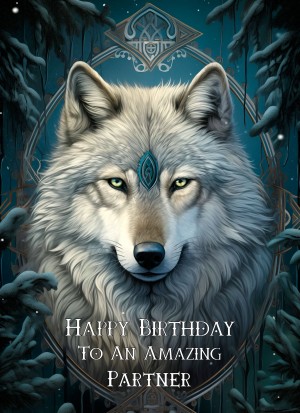 Tribal Wolf Art Birthday Card For Partner (Design 4)