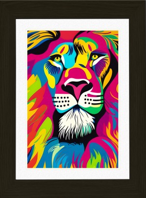 Lion Animal Picture Framed Colourful Abstract Art (A4 Black Frame)