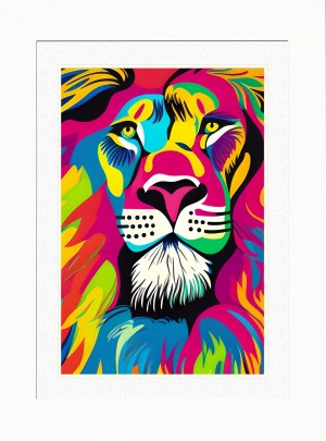 Lion Animal Picture Framed Colourful Abstract Art (A4 White Frame)