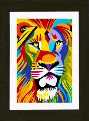 Lion Animal Picture Framed Colourful Abstract Art (A4 Black Frame)