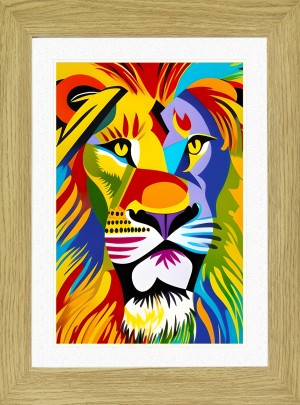Lion Animal Picture Framed Colourful Abstract Art (A3 Light Oak Frame)