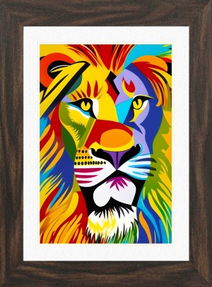 Lion Animal Picture Framed Colourful Abstract Art (A4 Walnut Frame)