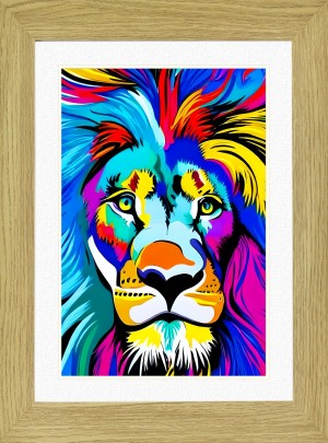 Lion Animal Picture Framed Colourful Abstract Art (A4 Light Oak Frame)