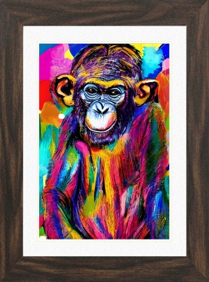Monkey Chimpanzee Animal Picture Framed Colourful Abstract Art (A3 Walnut Frame)
