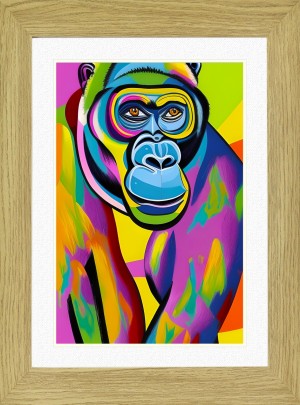Monkey Chimpanzee Animal Picture Framed Colourful Abstract Art (A3 Light Oak Frame)