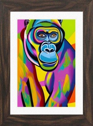 Monkey Chimpanzee Animal Picture Framed Colourful Abstract Art (A4 Walnut Frame)