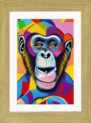 Monkey Chimpanzee Animal Picture Framed Colourful Abstract Art (30cm x 25cm Light Oak Frame)