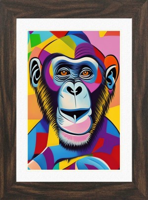Monkey Chimpanzee Animal Picture Framed Colourful Abstract Art (30cm x 25cm Walnut Frame)