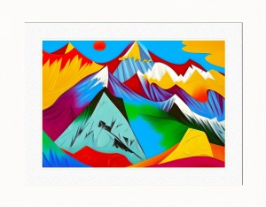 Mountain Scenery Animal Picture Framed Colourful Abstract Art (30cm x 25cm White Frame)