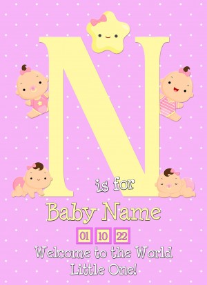 Personalised Baby Girl Birth Greeting Card (Name Starting With 'N')