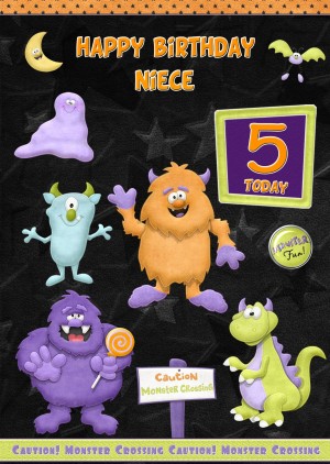Kids 5th Birthday Funny Monster Cartoon Card for Niece