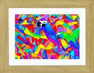 Parrot Animal Picture Framed Colourful Abstract Art (25cm x 20cm Light Oak Frame)