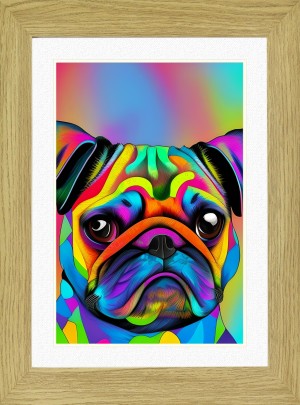 Pug Dog Picture Framed Colourful Abstract Art (A4 Light Oak Frame)