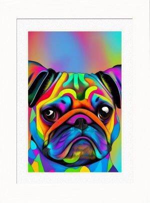 Pug Dog Picture Framed Colourful Abstract Art (30cm x 25cm White Frame)
