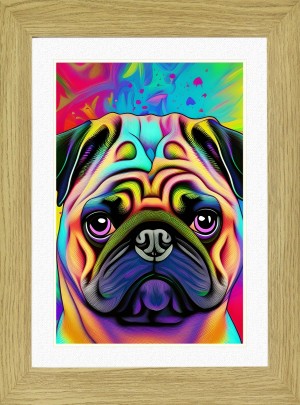 Pug Dog Picture Framed Colourful Abstract Art (A4 Light Oak Frame)